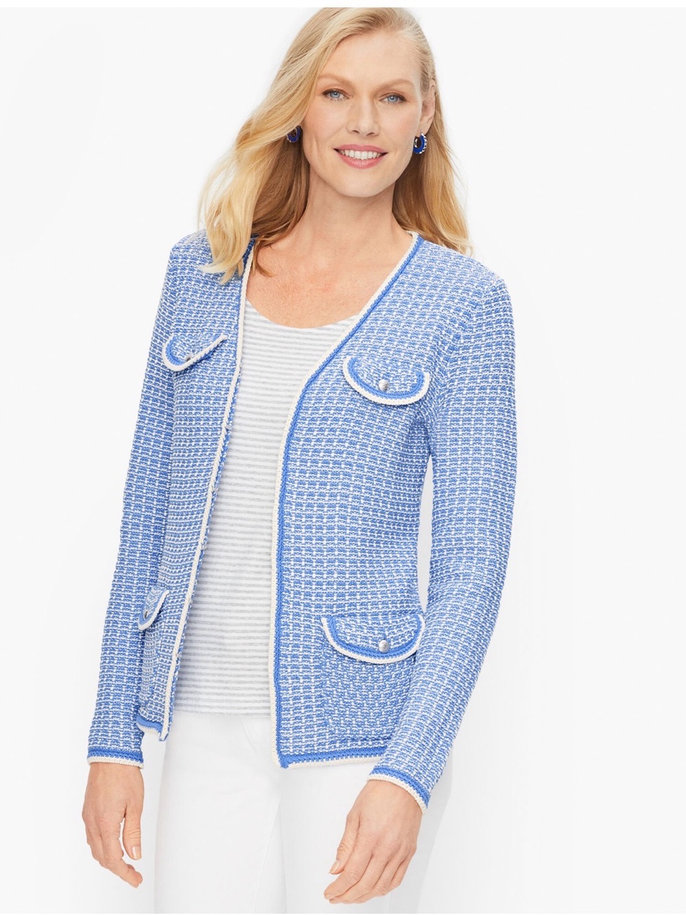 Talbots Light Blue Tweed V-Neck Pocket Cardigan